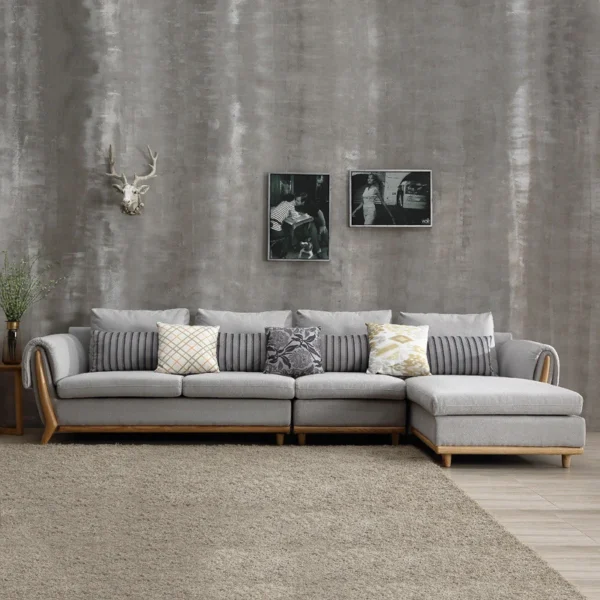 Ghế sofa góc đệm vải viền da gỗ sồi L22