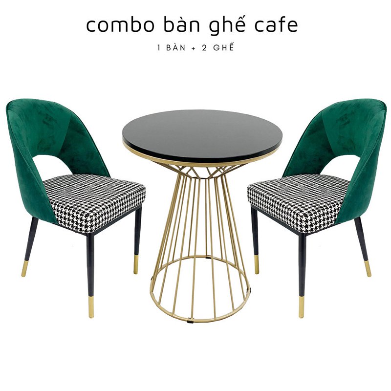 Bộ bàn dáng tròn và 2 ghế bọc nệm vải caro