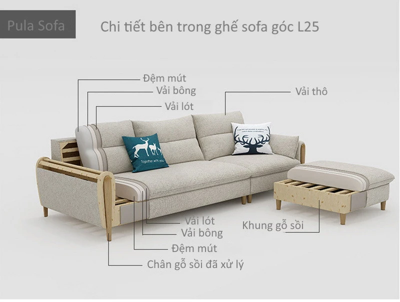 Ghế sofa góc đệm viền gỗ thô L25