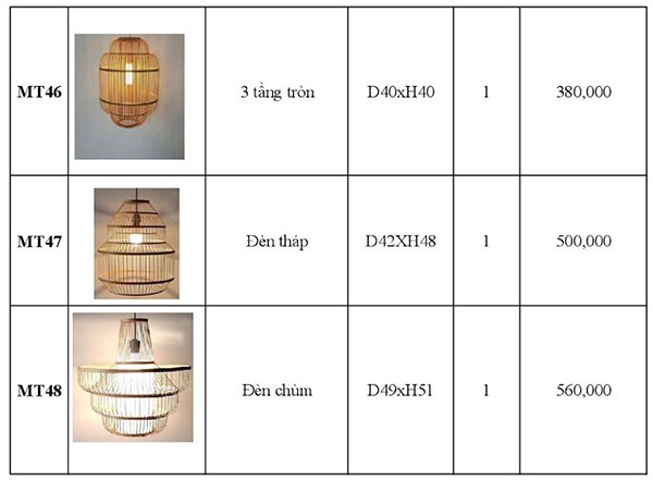 giá các mẫu đèn thả được làm thủ công