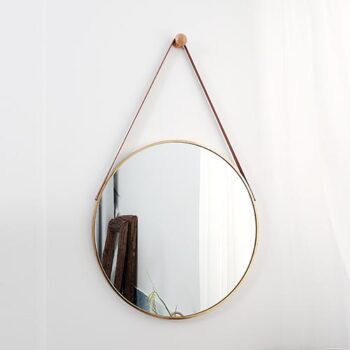 Gương tròn Inox – dây da – cho phòng tắm, bàn phấn, trang trí