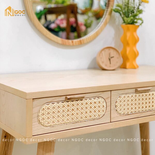 Bàn gỗ 3 hộc tủ kéo phối mây màu tự nhiên - Hình ảnh 4