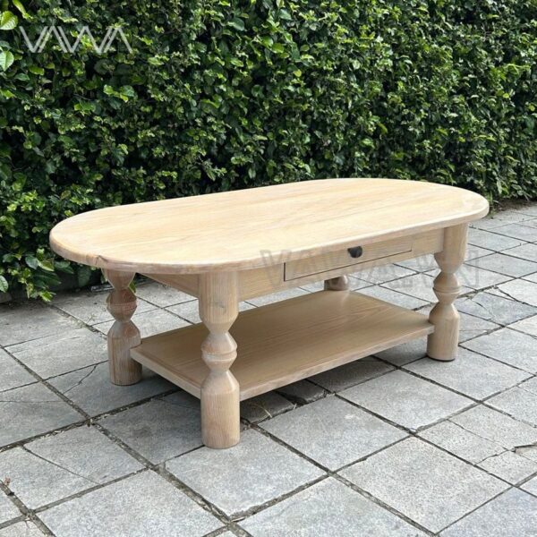 Bàn trà sofa gỗ chân tiện Topia Oval – Bàn sofa Indochine, tân cổ điển, thô mộc tinh tế