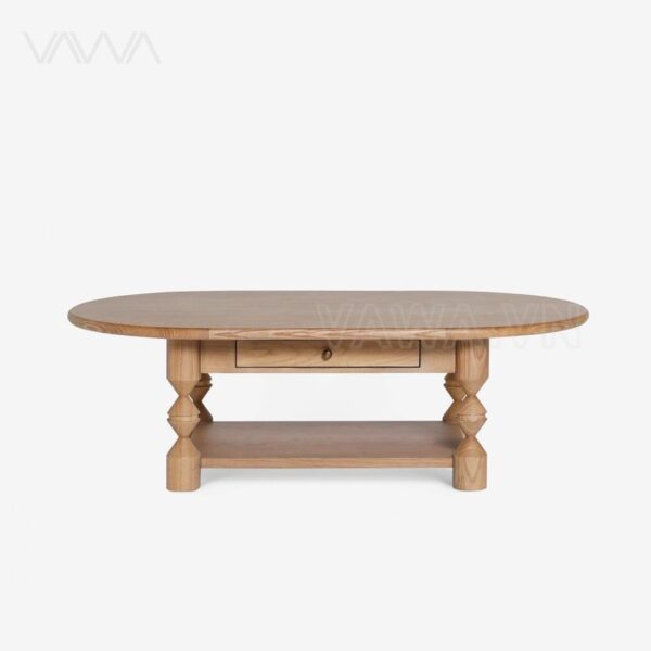 Bàn trà sofa gỗ chân tiện Topia Oval – Bàn sofa Indochine, tân cổ điển, thô mộc tinh tế
