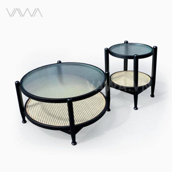 Bàn trà sofa khung gỗ 2 tầng mặt kính sóng Rattan - Bàn trà Rustic Bắc Âu