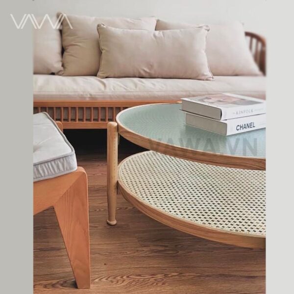 Bàn trà sofa khung gỗ 2 tầng mặt kính sóng Rattan - Bàn trà Rustic Bắc Âu
