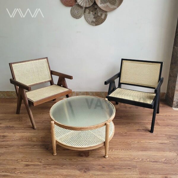 Bàn trà sofa khung gỗ 2 tầng mặt kính sóng Rattan - Bàn trà Rustic Bắc Âu