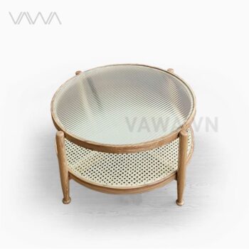 Bàn trà sofa khung gỗ 2 tầng mặt kính sóng Rattan - Bàn trà Rustic Bắc Âu