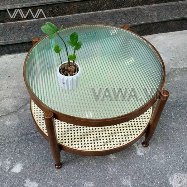 Bàn trà sofa khung gỗ 2 tầng mặt kính sóng Rattan - Bàn trà Rustic Bắc Âu