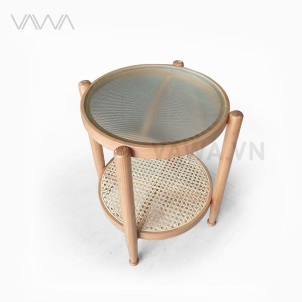 Bàn trà sofa khung gỗ 2 tầng mặt kính sóng Rattan - Bàn trà Rustic Bắc Âu