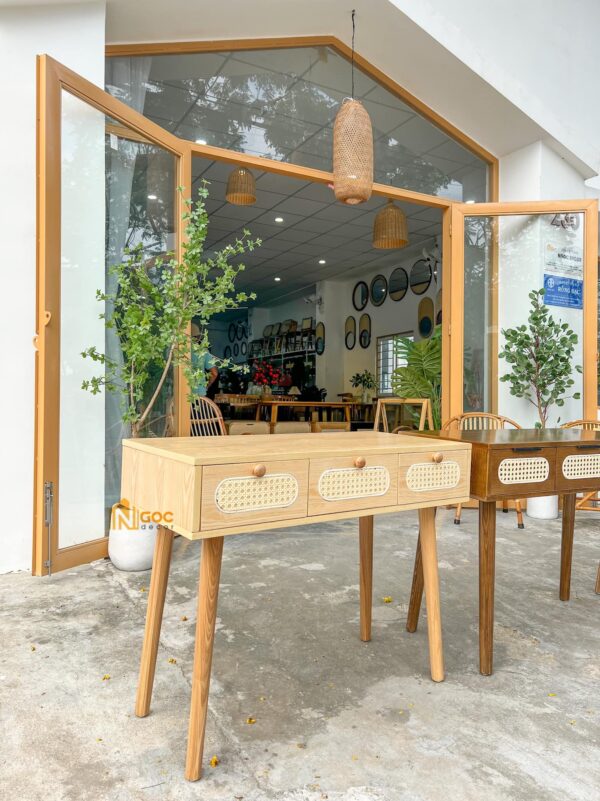 Bàn gỗ 3 hộc tủ kéo phối mây màu tự nhiên - Hình ảnh 6